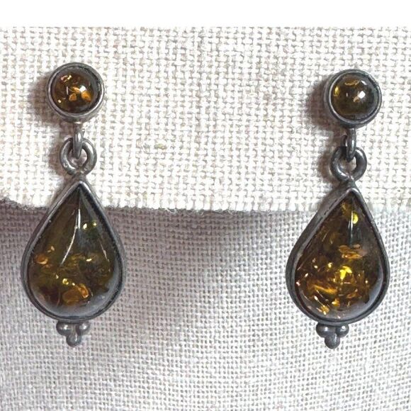 Vintage Sterling Silver Amber Drop Earrings MCM Modern Dangle Teardrop 925 Retro - Picture 1 of 8